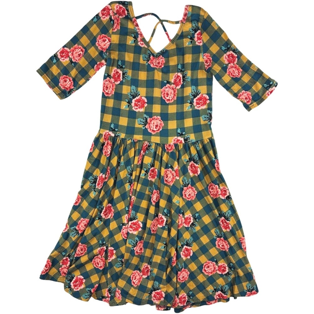 Dot Smile Girls 12 14 Ballerina Rose Plaid Dress V‎ Neck 3/4 Sleeve Gold Green